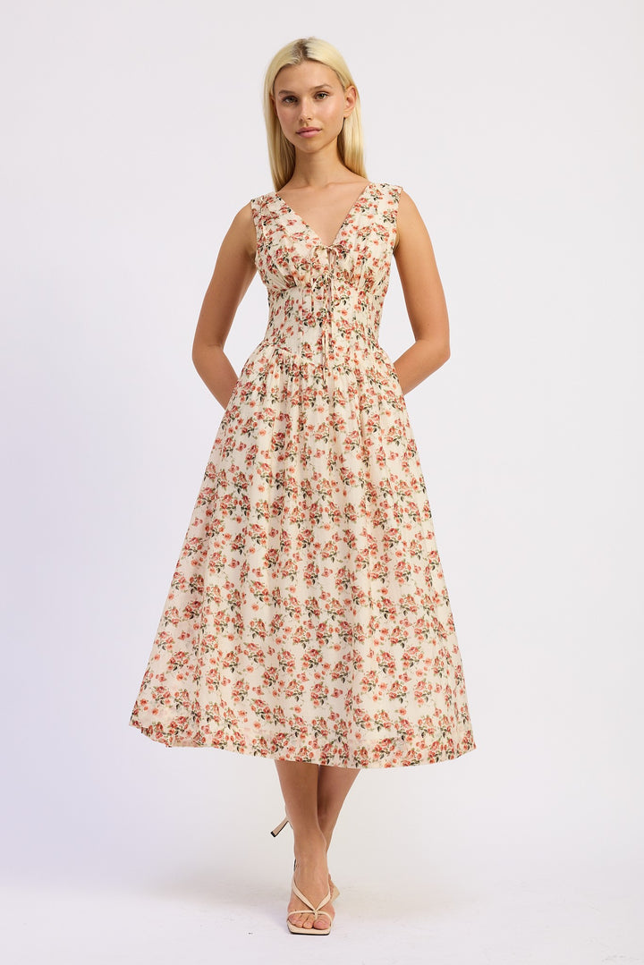 Ivory Floral V Neck Corset Midi Dress