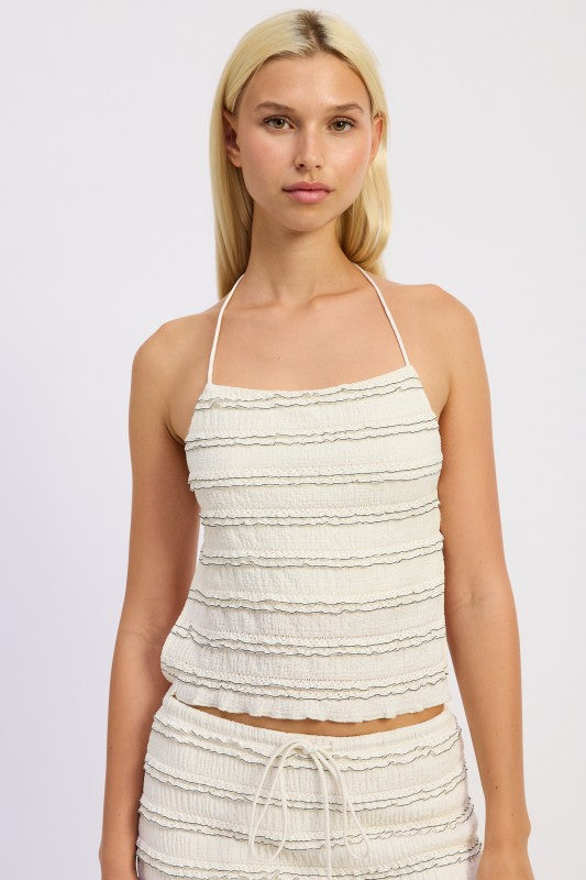 Ivory Smocked Ruffle Tank Top With Open Back