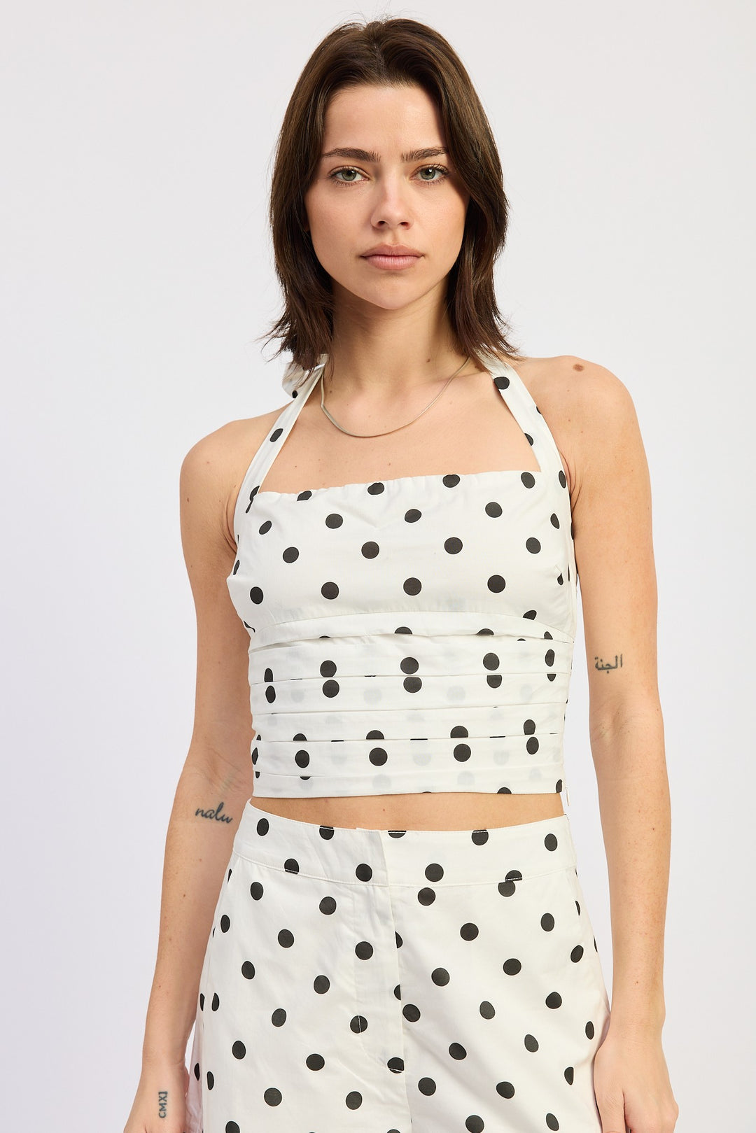 Off White Black Polka Halter Top With Squared Neck