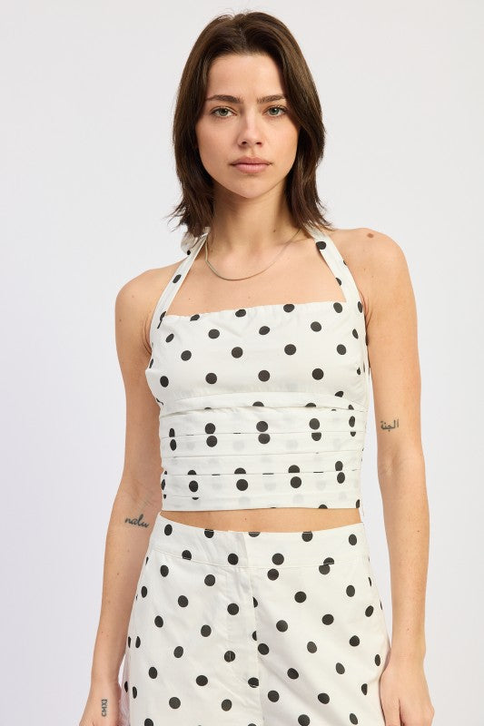 Ivory Blue Polka Dot Halter Top With Squared Neck