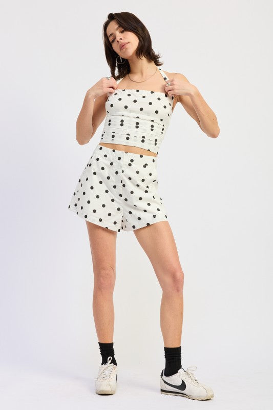 Ivory Blue Polka Dot Poplin Mid Waist Shorts