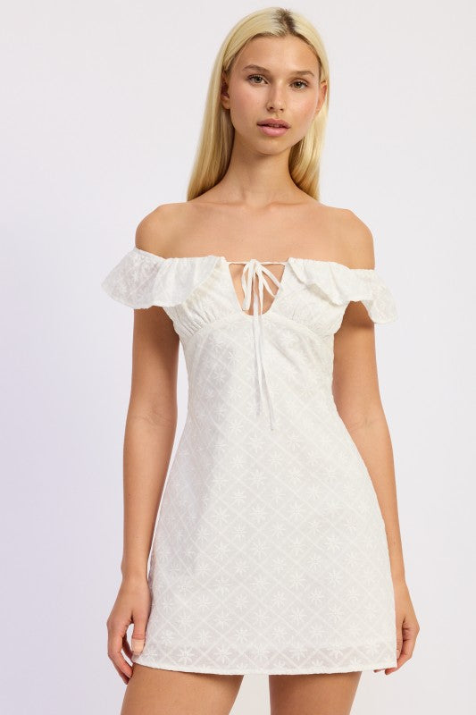 Off White Off Shoulder Embroidered Mini Dress