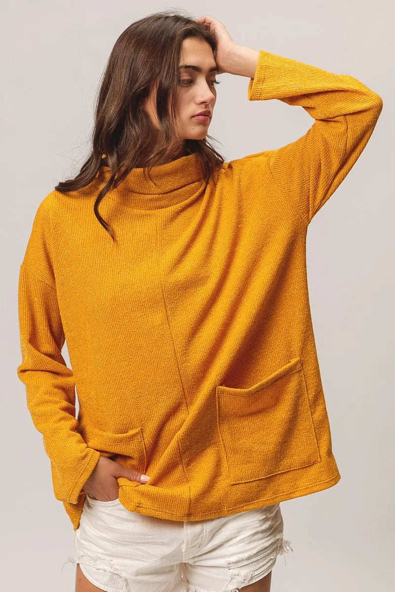 Mustard Bibi Piper Rib Double Pocket Turtle Neck Sweater 1