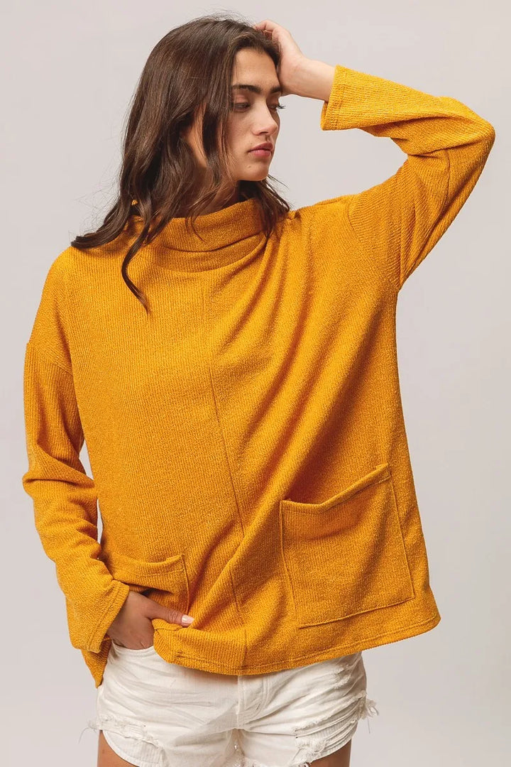 Mustard Bibi Piper Rib Double Pocket Turtle Neck Sweater 1