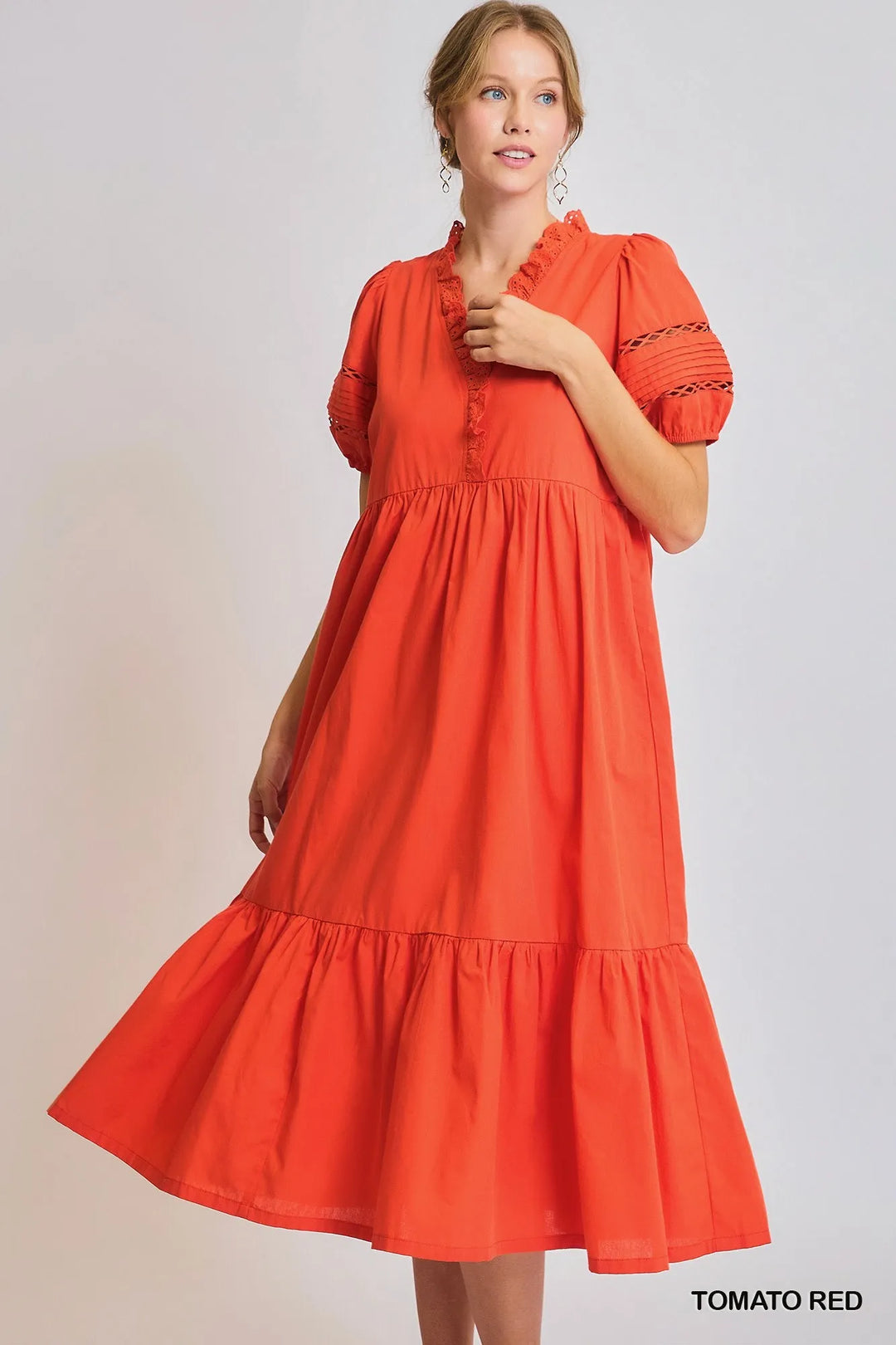 Tomato Red Umgee Short Sleeve Lace Trim Ruffled Midi Dress