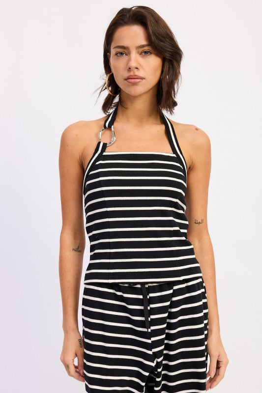 Black White Stripe Striped Hardware Halter Top