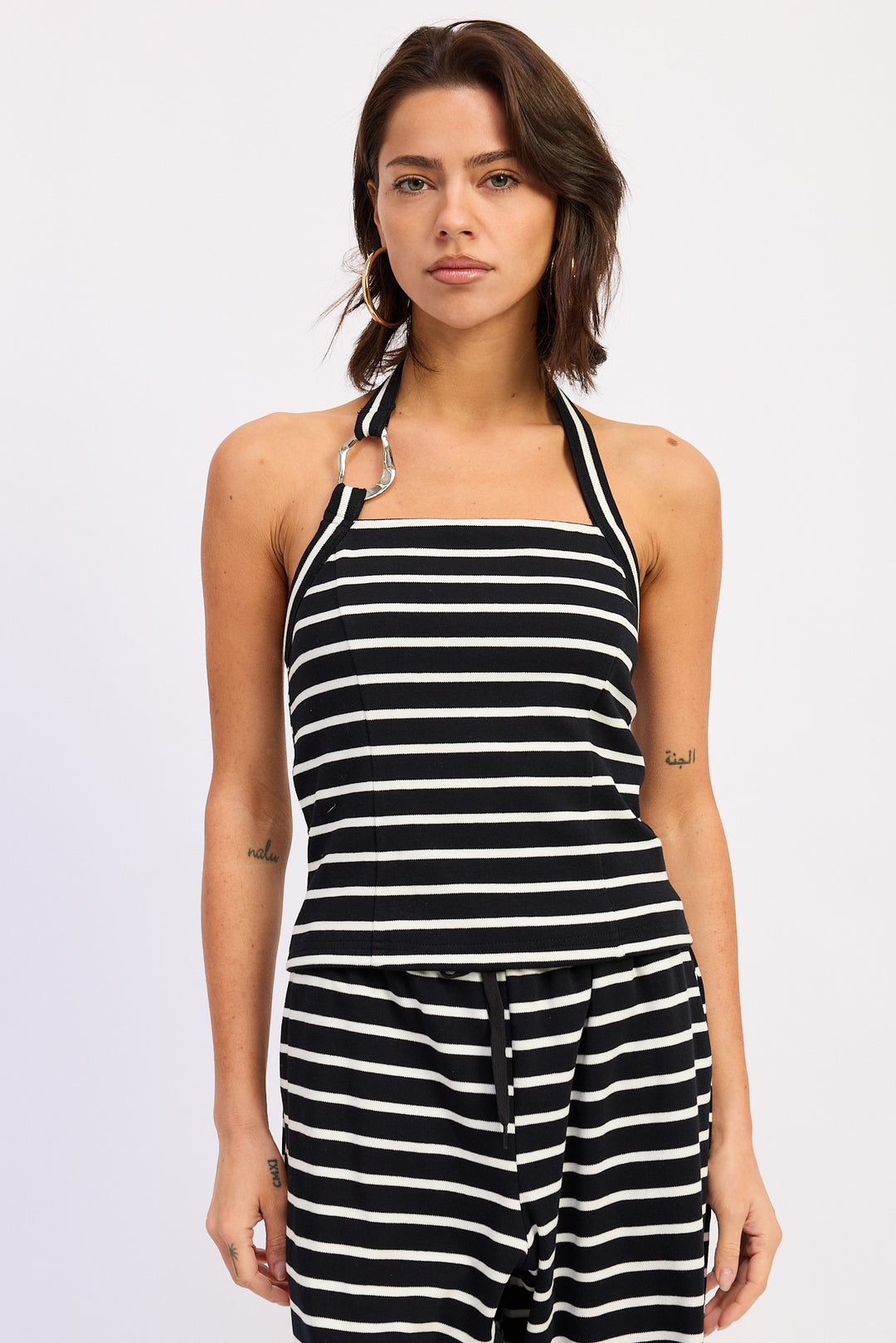 Black White Stripe Striped Hardware Halter Top