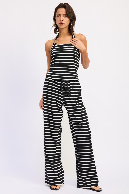 Black White Stripe Striped Pants With Elastic Waist Band