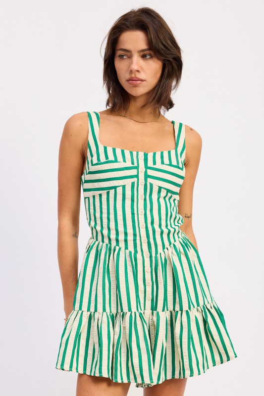 Green Stripe Button Up Placket Mini Romper