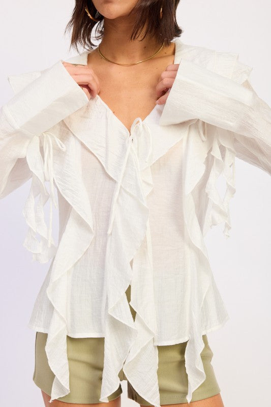 White Tie Front Ruffled Top 1