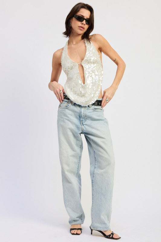Front Tie Sequin Halter Top