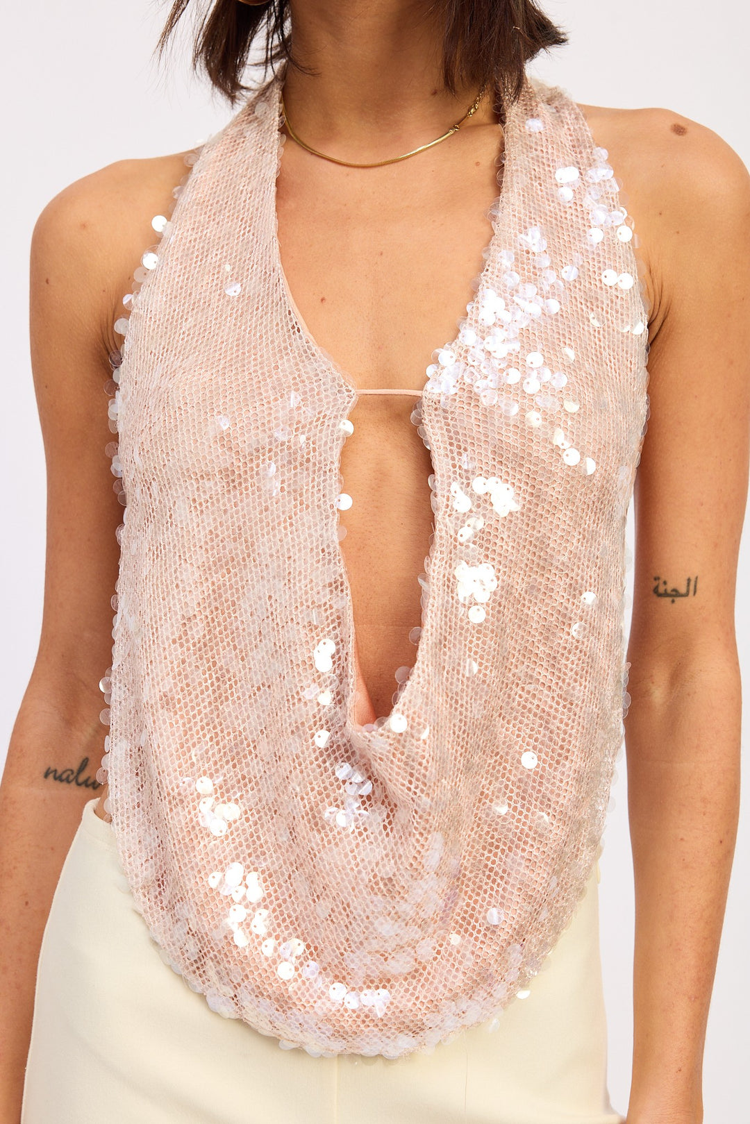 Off White Front Tie Sequin Halter Top