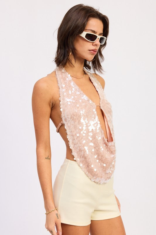 Front Tie Sequin Halter Top