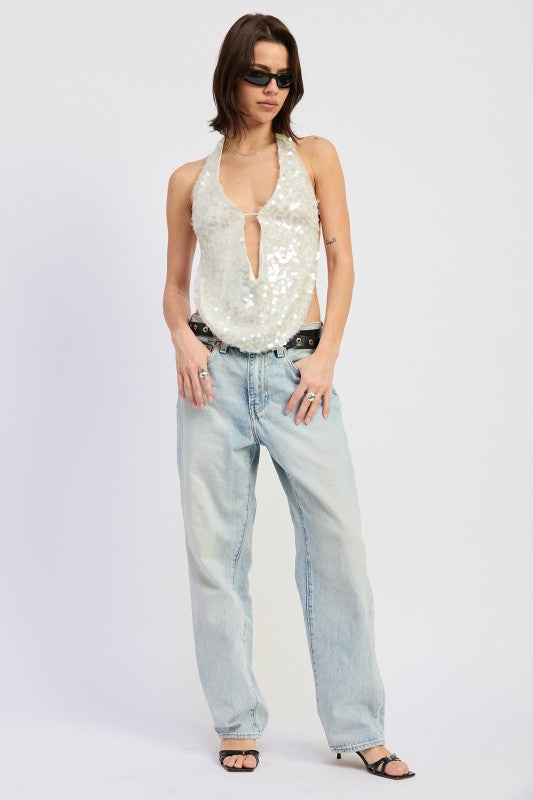 Front Tie Sequin Halter Top