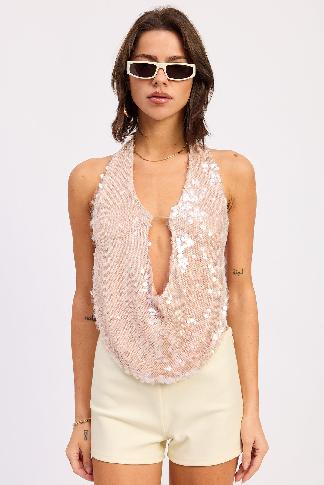 Apricot Front Tie Sequin Halter Top