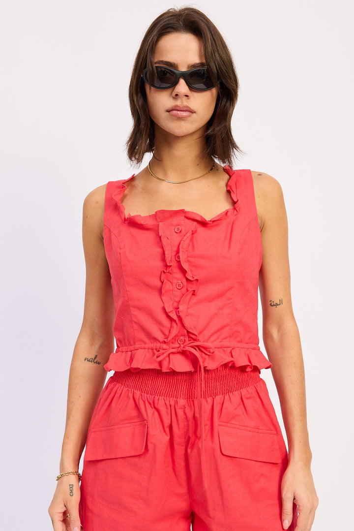 Off White Ruffled Tank With Button Front
