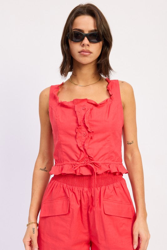 Off White Ruffled Tank With Button Front