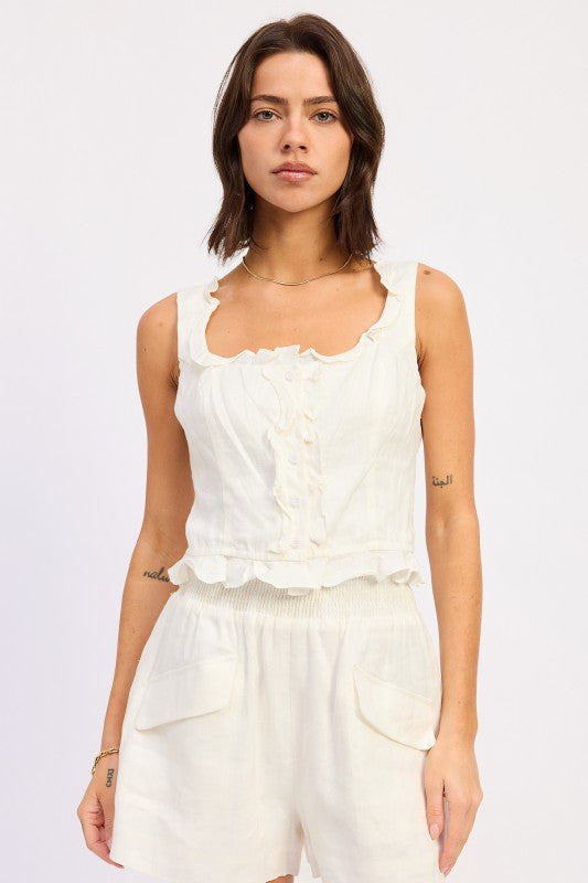 Ruffled Tank With Button Front