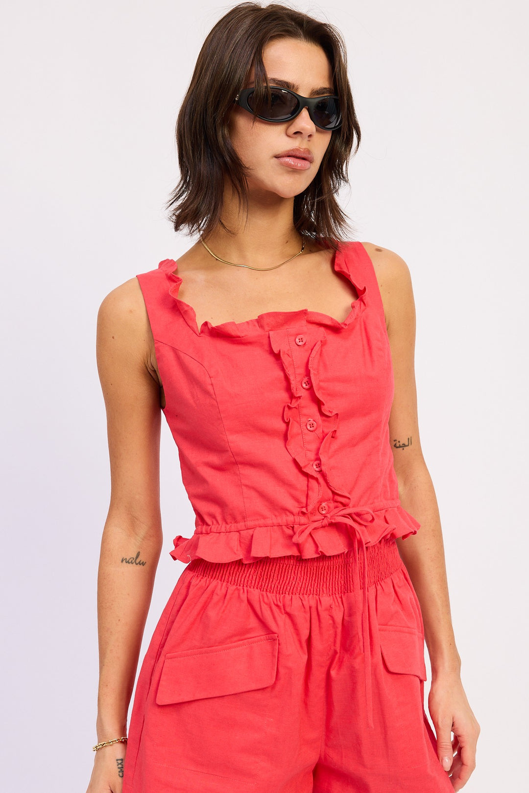 Ruffled Tank With Button Front
