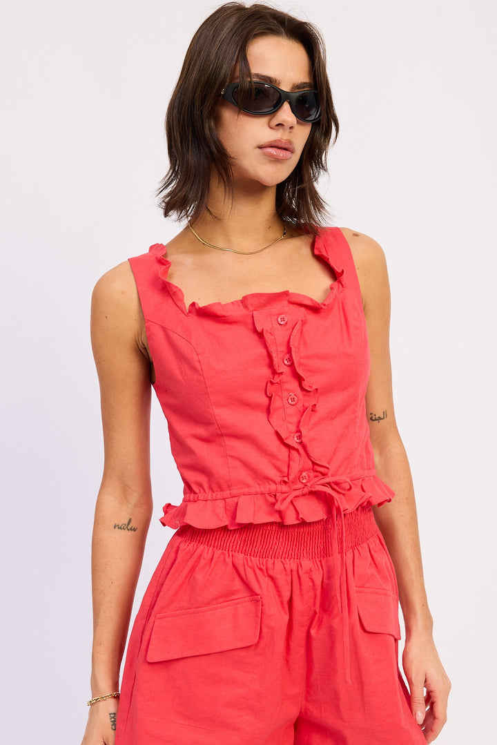 Ruffled Tank With Button Front