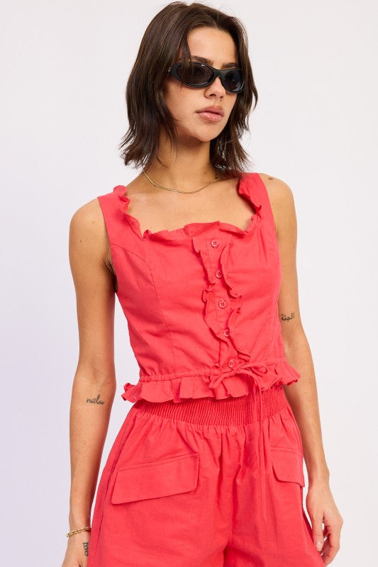 Ruffled Tank With Button Front