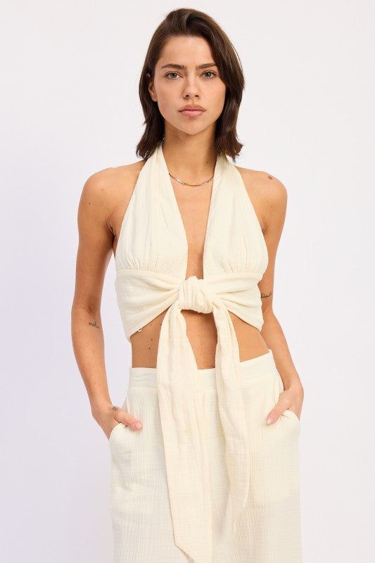 Double Gauze Halter Neck Crop Top