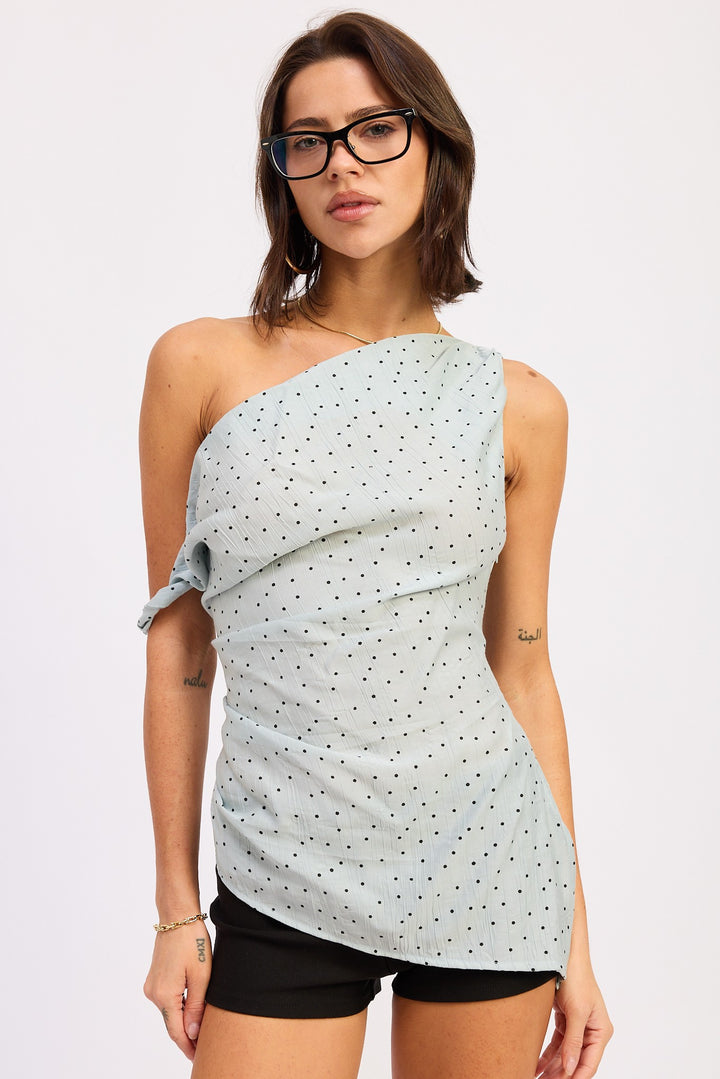 Baby Blue Polka Asymmetrical Shoulder Tunic Top