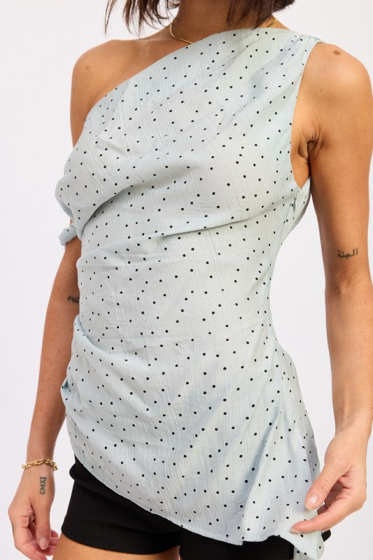 Butter Yellow Polka Asymmetrical Shoulder Tunic Top