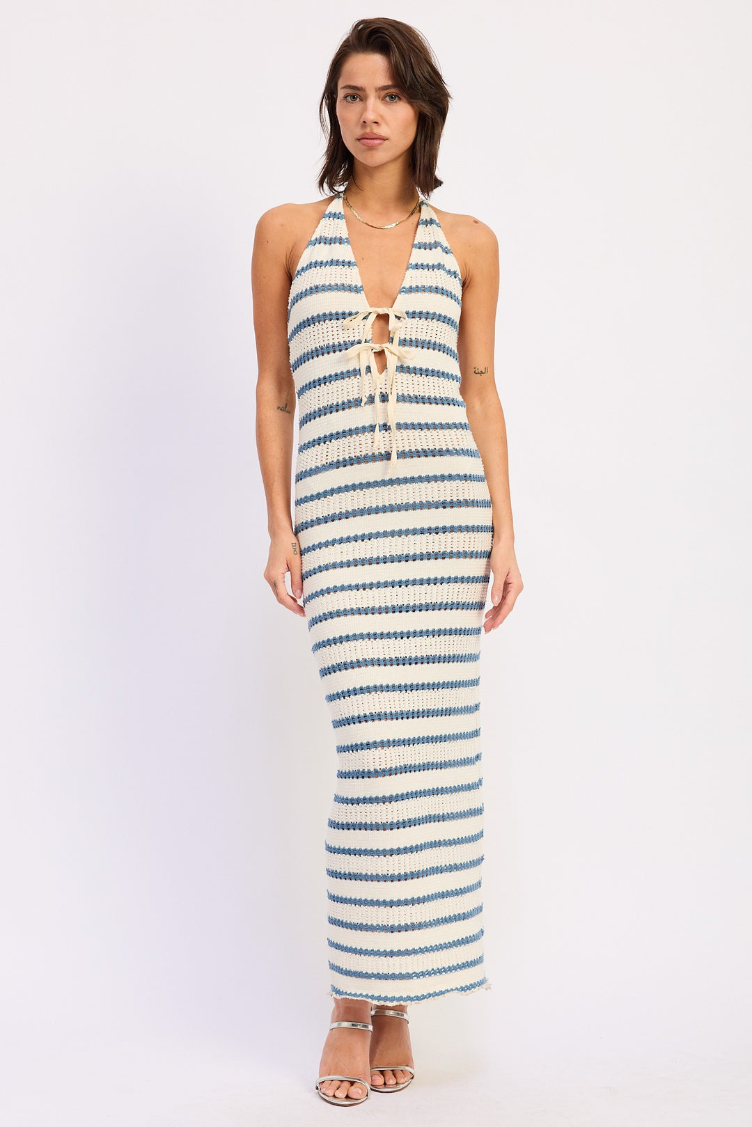 Blue Stripe Deep V Halter Maxi Dress