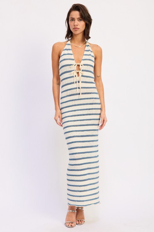 Blue Stripe Deep V Halter Maxi Dress