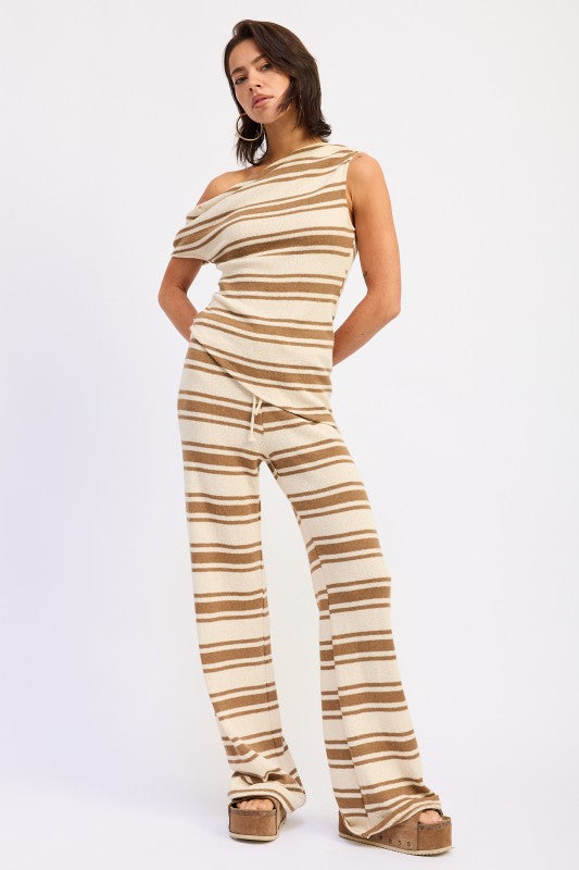Cream Brown Stripe Striped Wide Leg Pants With Waist Tie