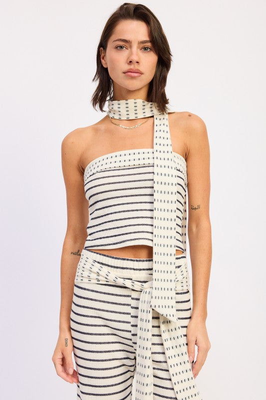 Ivory Stripe Contrasted Double Jacquard Tube Top With Scarf