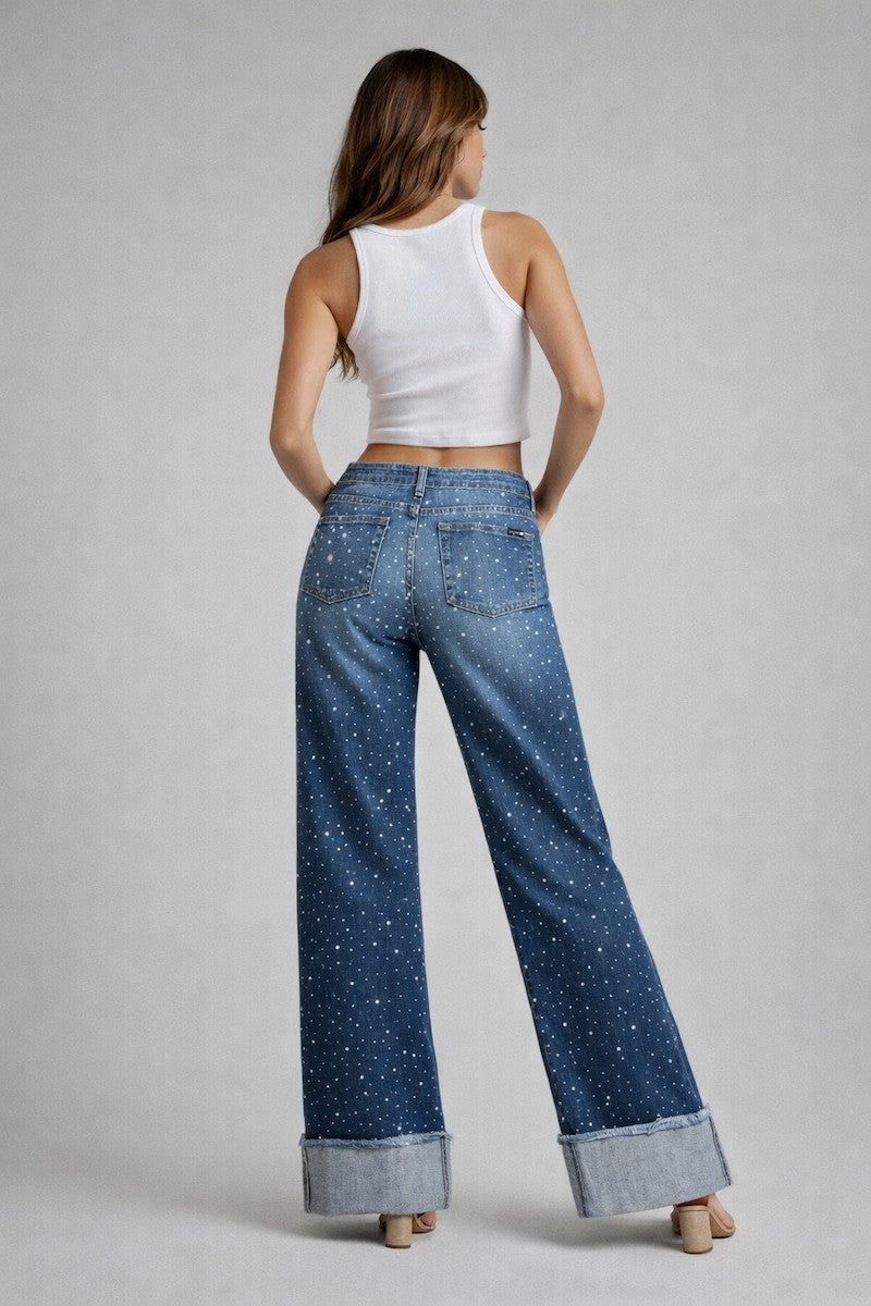 Medium Blue- Inseam 30 Luxe Low Rise Rhinestone Jean Medium Blue