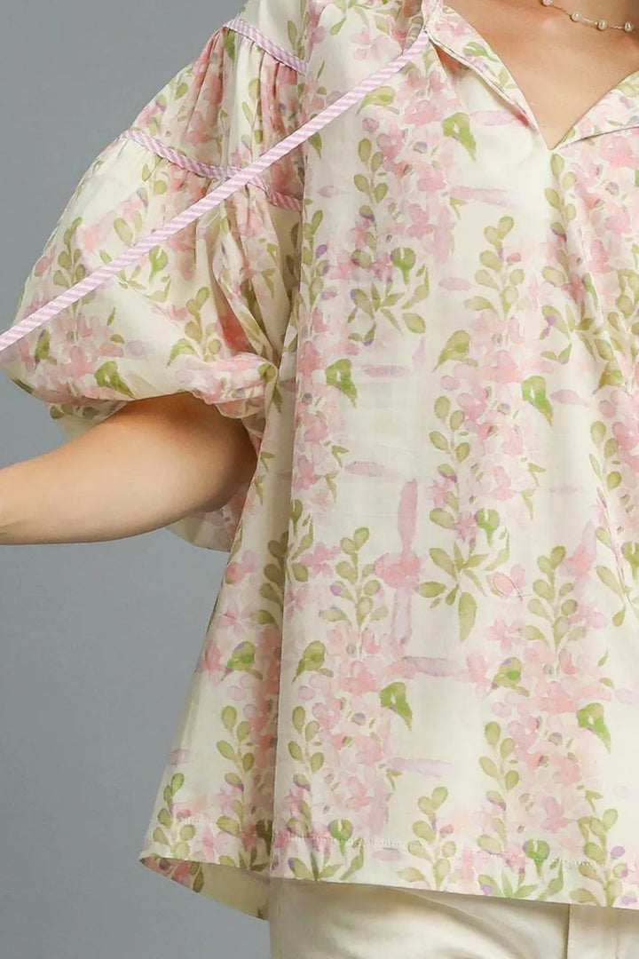 Blush Pink Umgee Floral Print Puff Sleeve Tie Neck Blouse