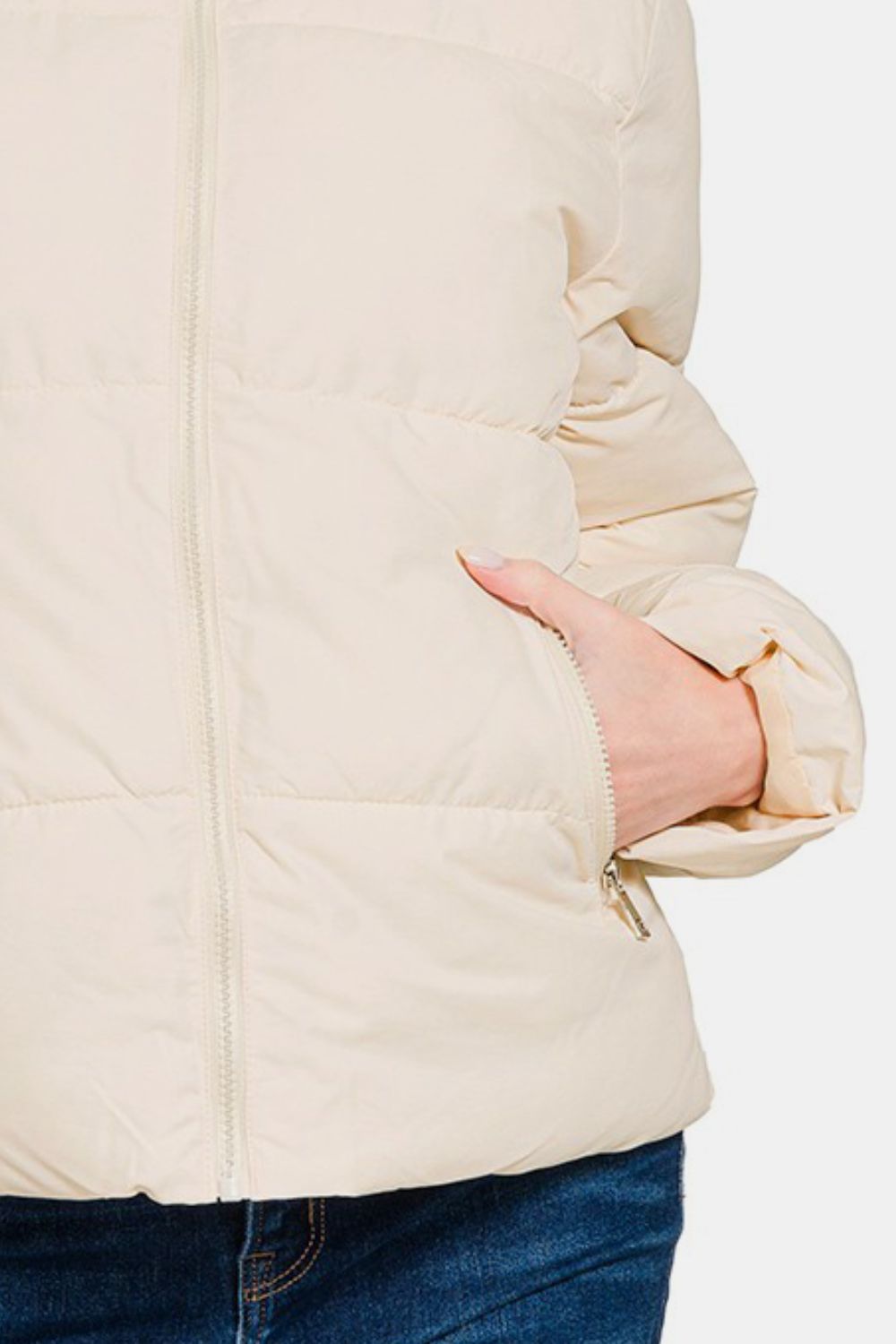 Cream Zenana Zip Up Turtleneck Puffer Jacket With Pockets
