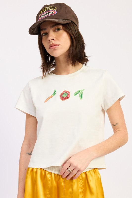 Off White Embroidered Baby Tee