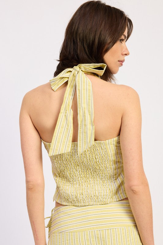 Halter Stripe Top With Lace Up Back Detail