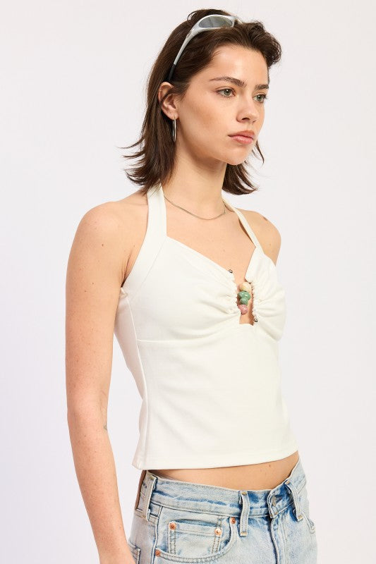Beaded Trim Halter Top