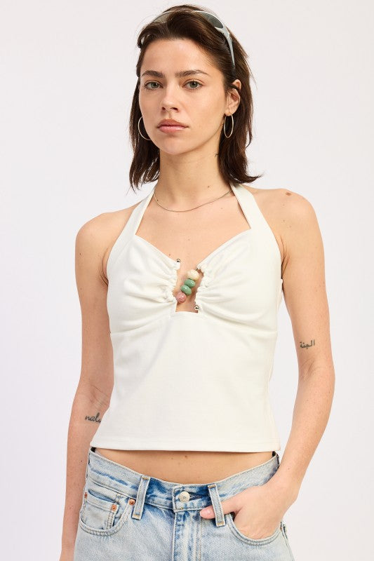 Off White Beaded Trim Halter Top