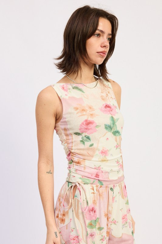 Sleeveless Boat Neck Top With Side Shirring