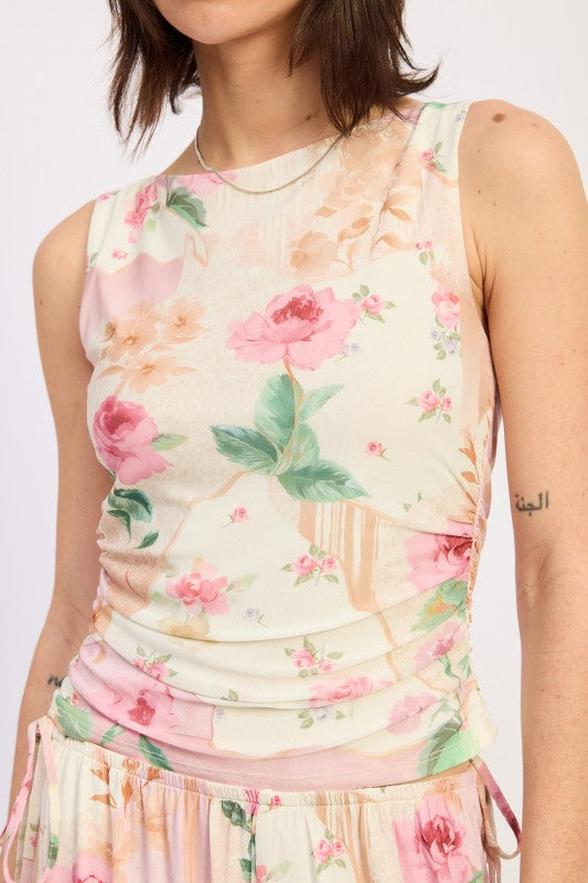 Sleeveless Boat Neck Top With Side Shirring