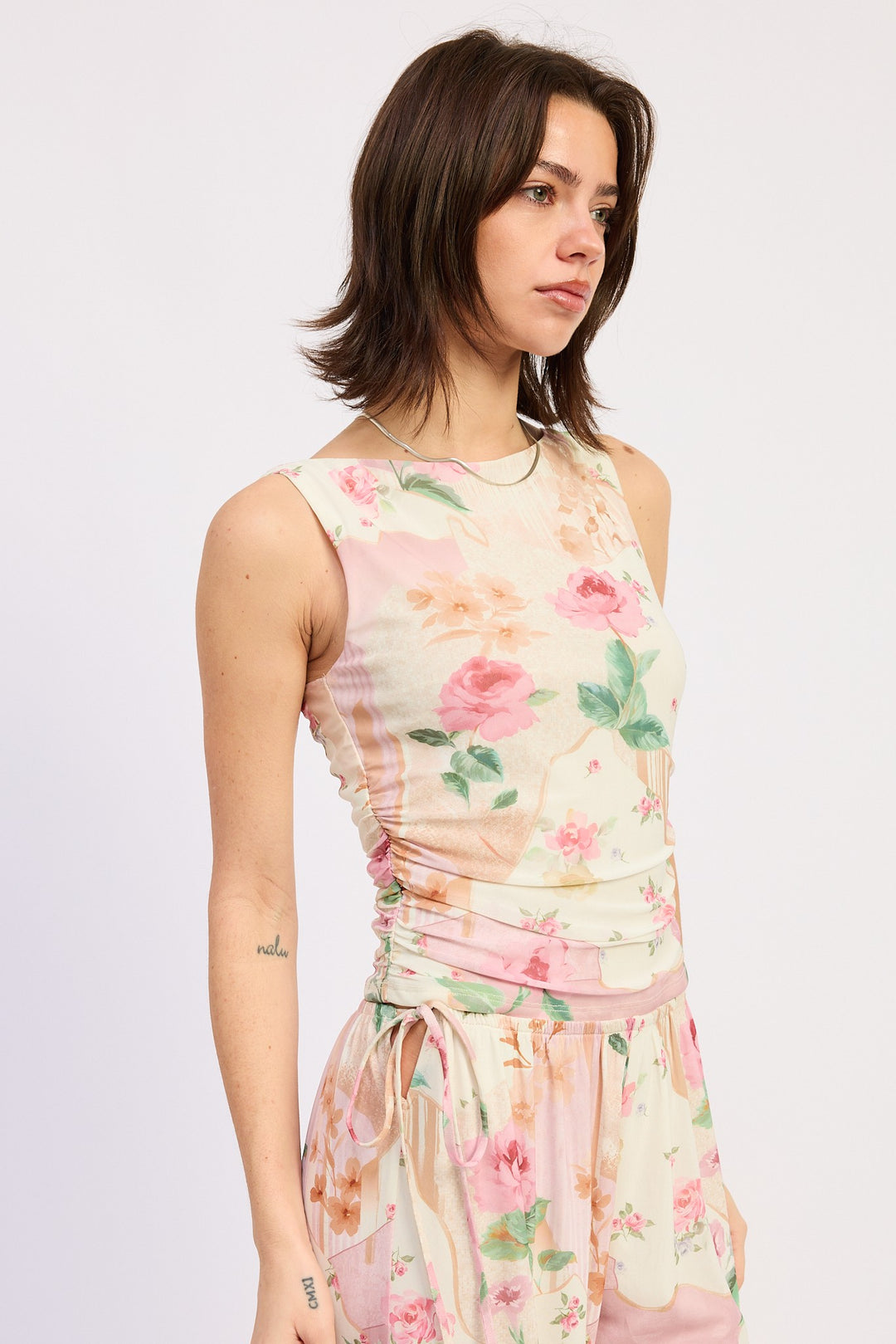 Sleeveless Boat Neck Top With Side Shirring