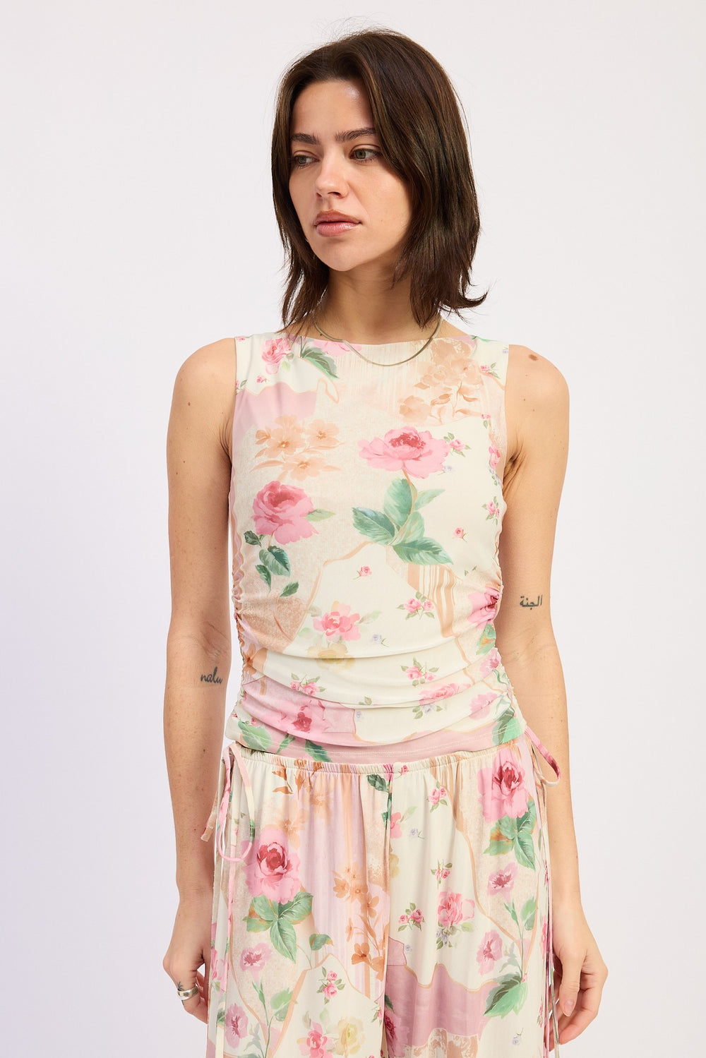 Ivory Rose Pink Sleeveless Boat Neck Top With Side Shirring