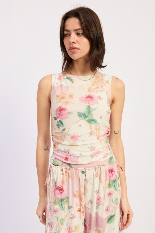 Sleeveless Boat Neck Top With Side Shirring