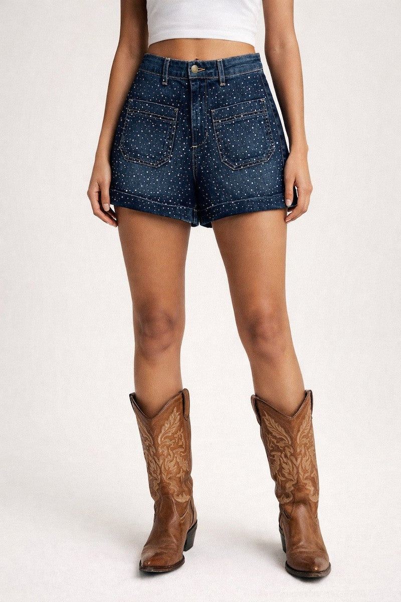 Dark Wash Western Sparkle Relaxed Denim Shorts