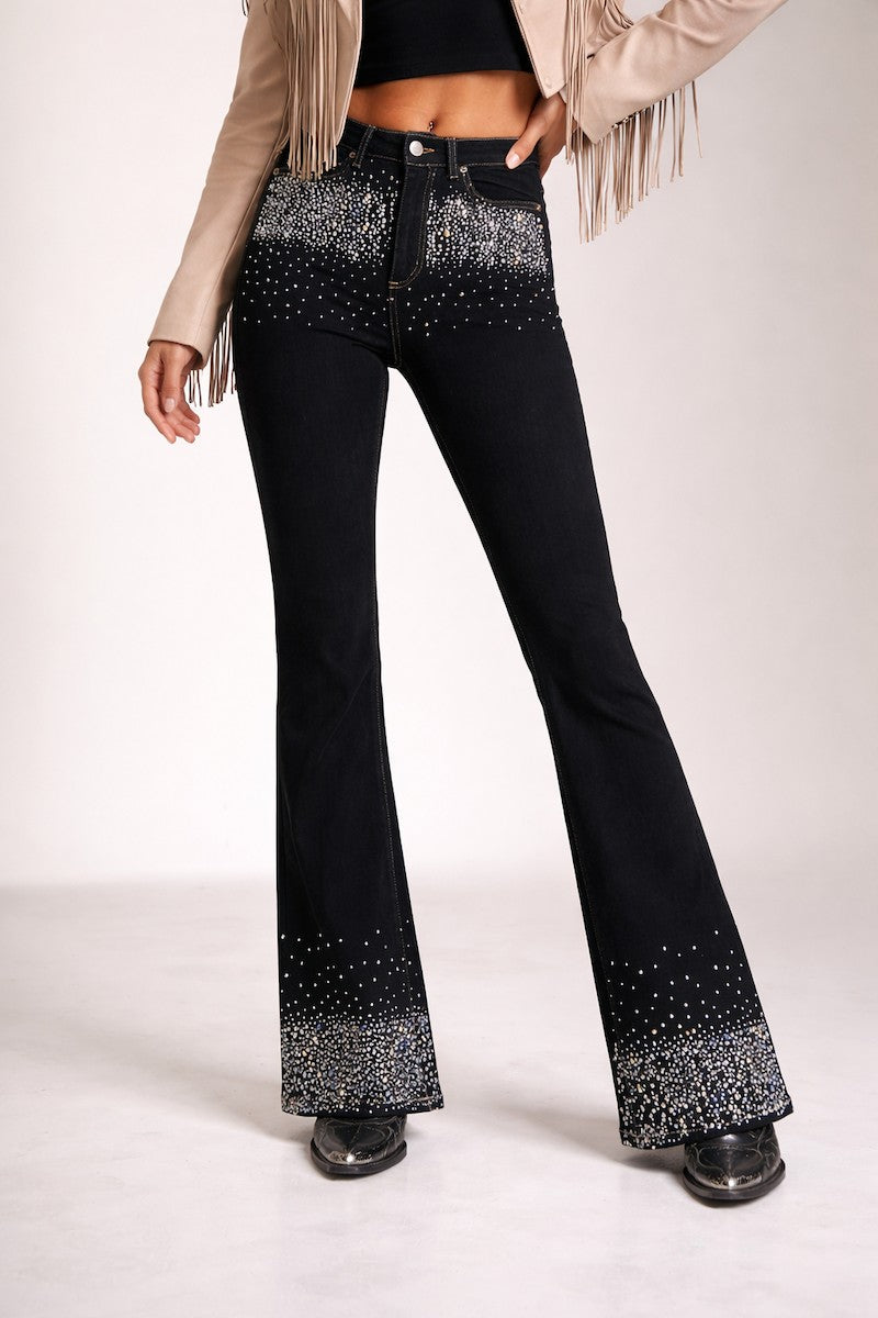 Black Rhinestone Boot Cut Jean In Black Denim