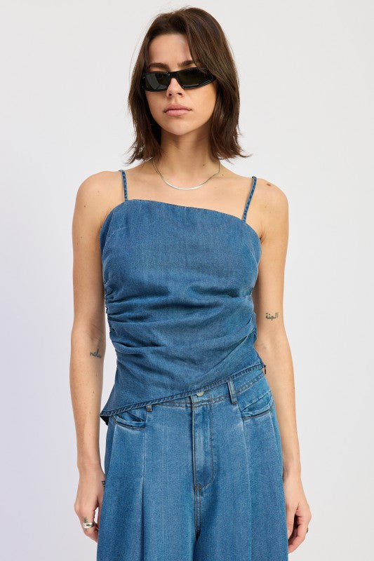 Denim Blue Asymmetrical Spaghetti Strap Top