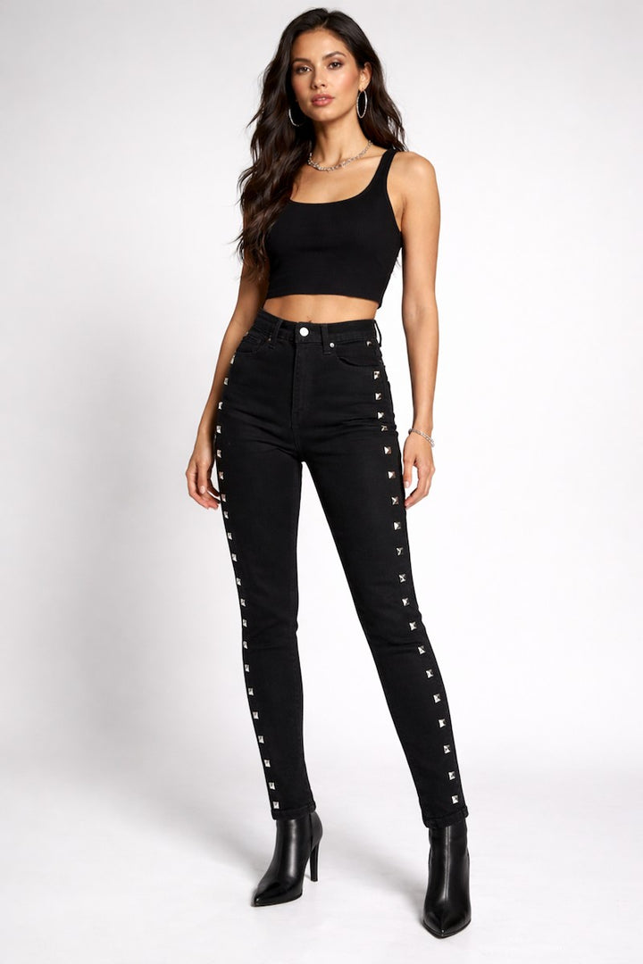 Black High Rise Studded Skinny Jean
