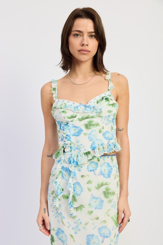 Blue Morning Floral Asymmetrical Ruffled Bustier