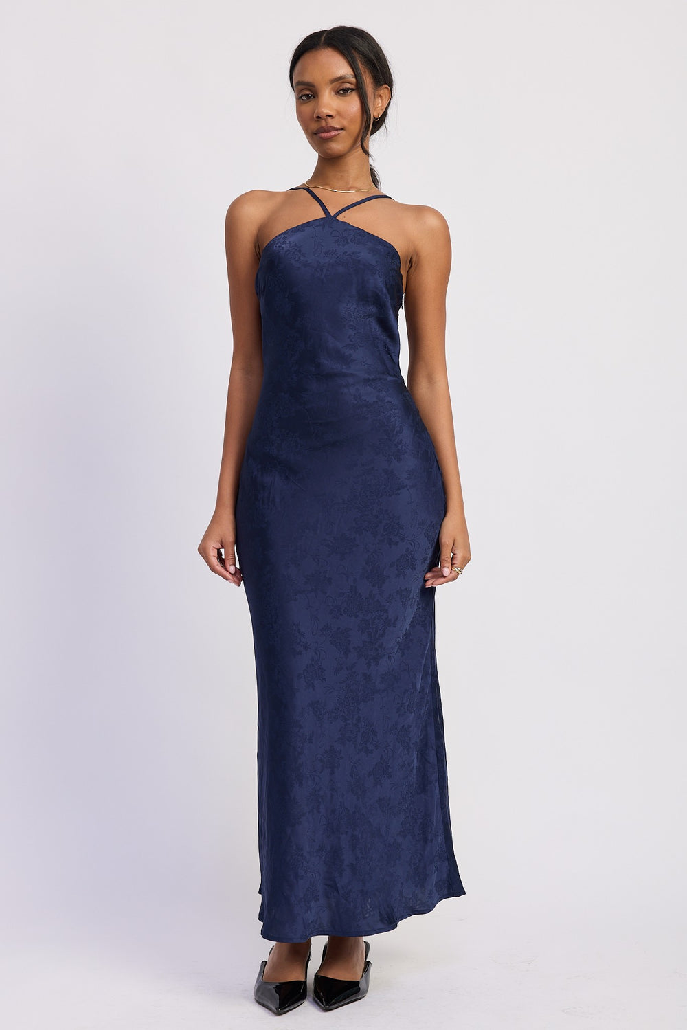 Navy Satin Halter Midi Dress With Open Back